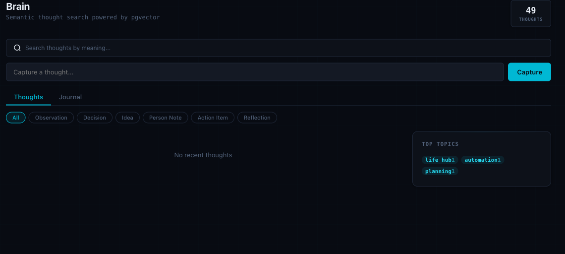 Semantic thought search interface with topic filters and search controls.