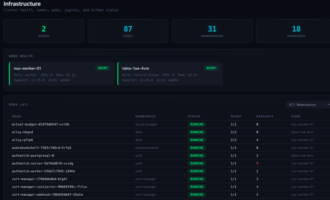 Infrastructure dashboard showing cluster health, nodes, pods, namespaces, and ingress status.